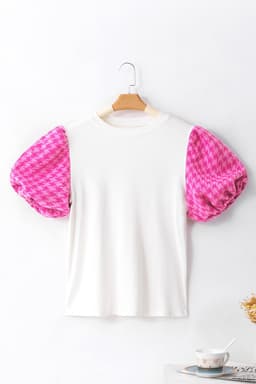 image-White Contrast Tweed Puff Sleeve Top