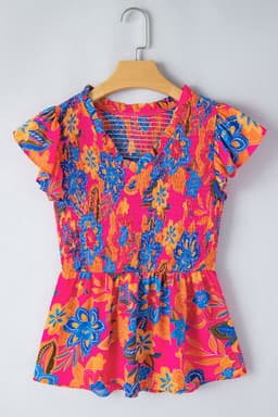 image-Floral Print Smocked Ruffle Trim Sleeve Blouse - Rose Red