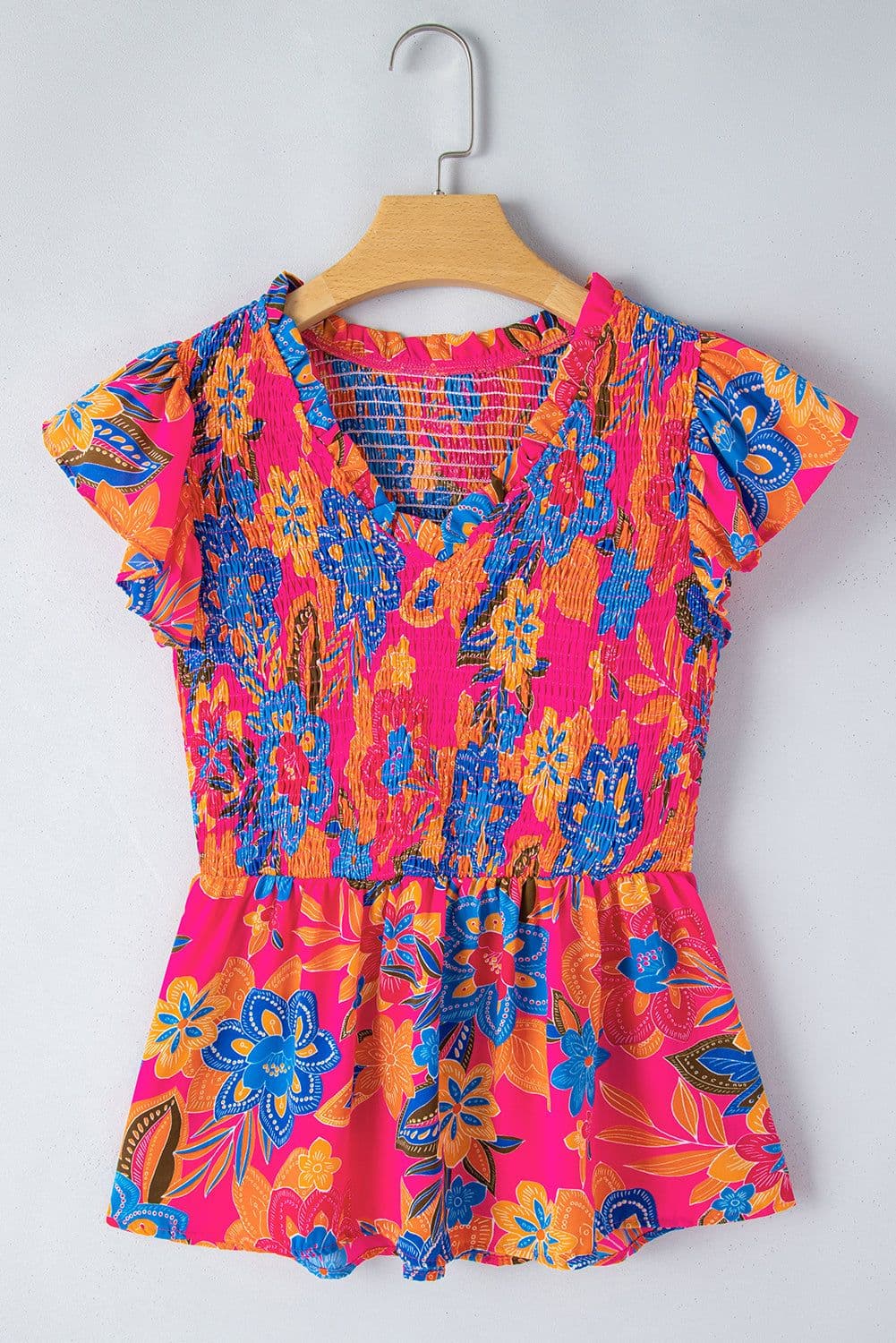 image-Floral Print Smocked Ruffle Trim Sleeve Blouse - Rose Red