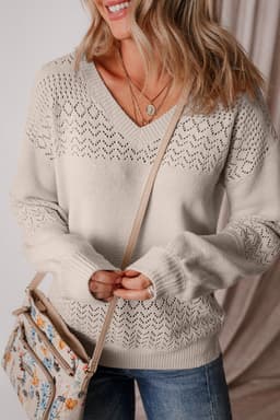 image-Sky Blue V Neck Eyelet Sweater Drop Shoulder