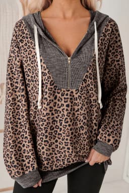 image-Khaki Ribbed Leopard Print Zip Hooded Sweatshirt