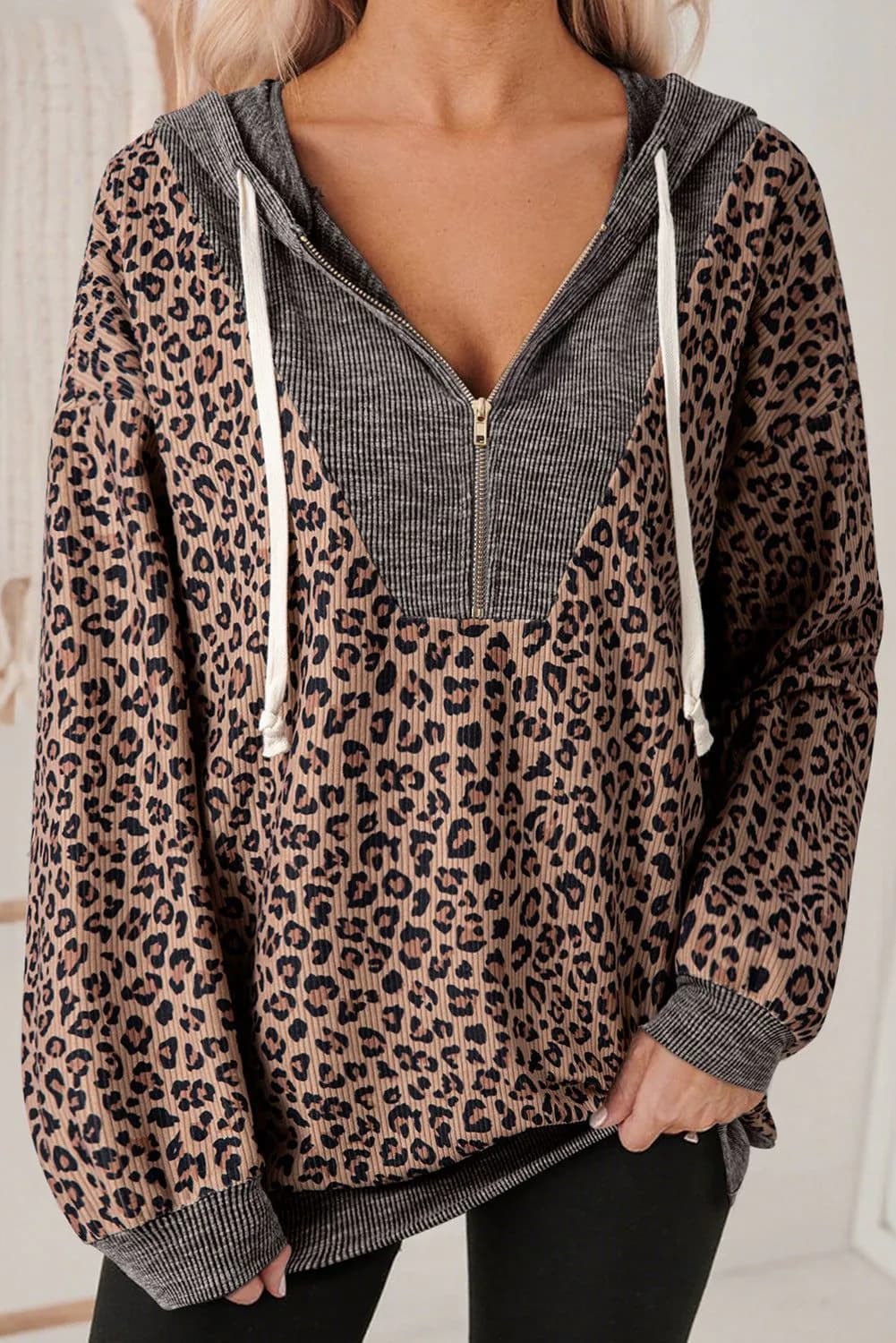 image-Khaki Ribbed Leopard Print Zip Hooded Sweatshirt