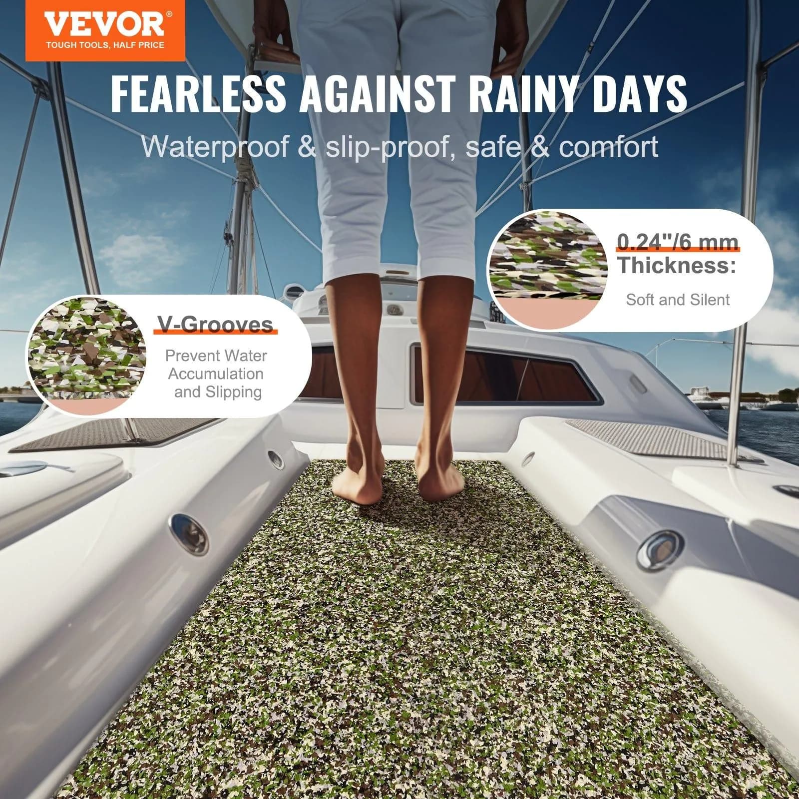 image-VEVOR Boat Flooring, EVA Foam Boat Decking 94.5" x 23.6", Non-Slip Self-Adhesive Flooring, 31.1sq.ft 2 Rolls of Marine Carpet for Boats, Yacht, Pontoon, Kayak Decking