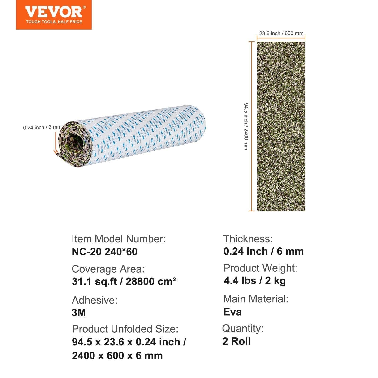 image-VEVOR Boat Flooring, EVA Foam Boat Decking 94.5" x 23.6", Non-Slip Self-Adhesive Flooring, 31.1sq.ft 2 Rolls of Marine Carpet for Boats, Yacht, Pontoon, Kayak Decking