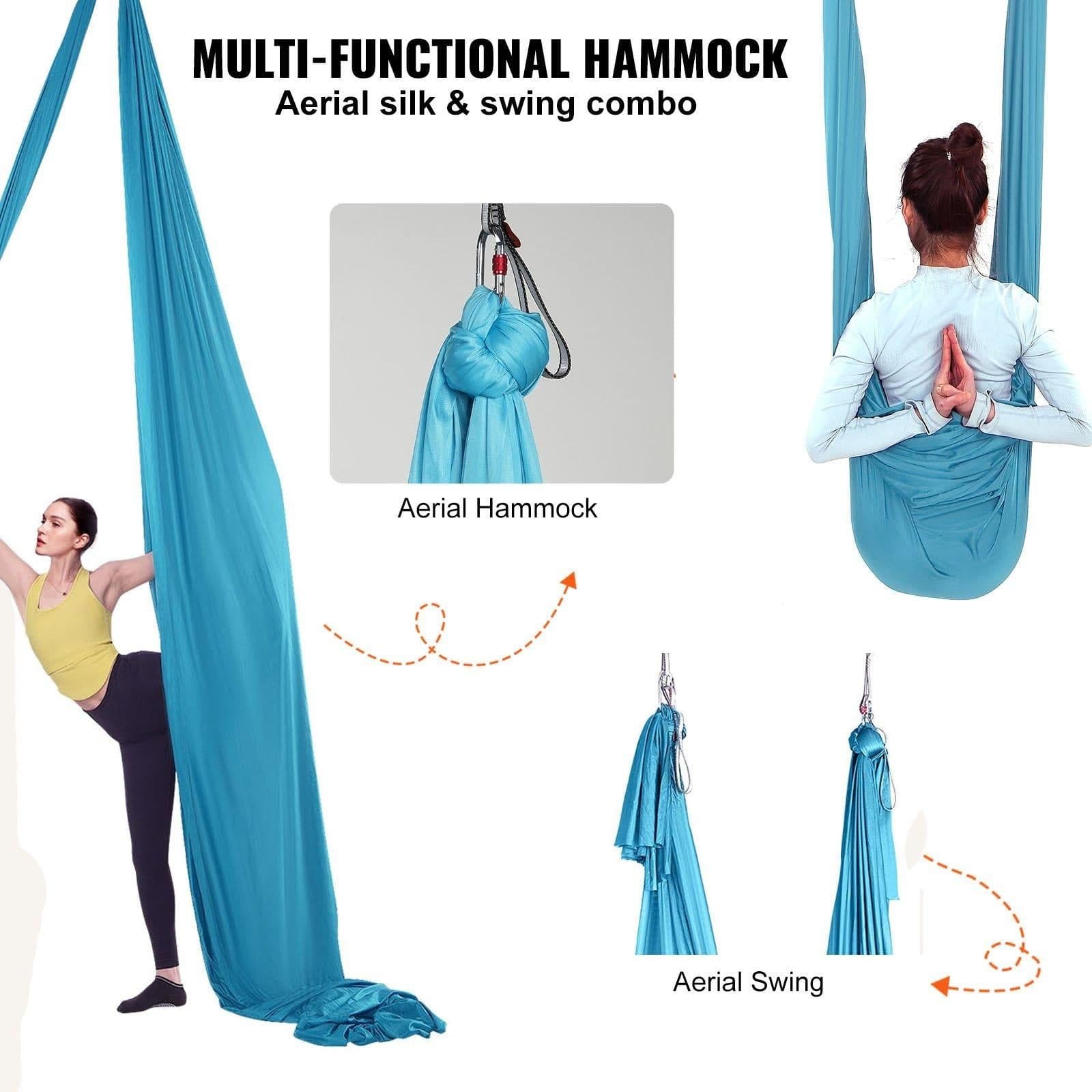 image-VEVOR Aerial Yoga Hammock & Swing, 5.5 Yards, Aerial Yoga Starter Kit with 100gsm Nylon Fabric, Full Rigging Hardware & Easy Set-up Guide, Antigravity Flying for All Levels Fitness Bodybuilding, Blue