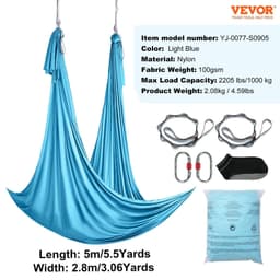 image-VEVOR Aerial Yoga Hammock & Swing, 5.5 Yards, Aerial Yoga Starter Kit with 100gsm Nylon Fabric, Full Rigging Hardware & Easy Set-up Guide, Antigravity Flying for All Levels Fitness Bodybuilding, Blue