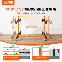 image-VEVOR Freestanding Kayak Storage Rack, Kayak Stand for 4 Kayak Canoe Paddleboard, Heavy-duty Steel Kayak Hanger Holder with Padded Arms and Adjustable Width, 220LBS Max Load, for Indoor Outdoor Garage