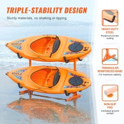image-VEVOR Freestanding Kayak Storage Rack, Kayak Stand for 4 Kayak Canoe Paddleboard, Heavy-duty Steel Kayak Hanger Holder with Padded Arms and Adjustable Width, 220LBS Max Load, for Indoor Outdoor Garage