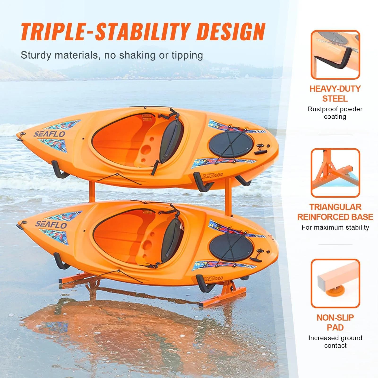 image-VEVOR Freestanding Kayak Storage Rack, Kayak Stand for 4 Kayak Canoe Paddleboard, Heavy-duty Steel Kayak Hanger Holder with Padded Arms and Adjustable Width, 220LBS Max Load, for Indoor Outdoor Garage
