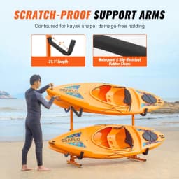 image-VEVOR Freestanding Kayak Storage Rack, Kayak Stand for 4 Kayak Canoe Paddleboard, Heavy-duty Steel Kayak Hanger Holder with Padded Arms and Adjustable Width, 220LBS Max Load, for Indoor Outdoor Garage
