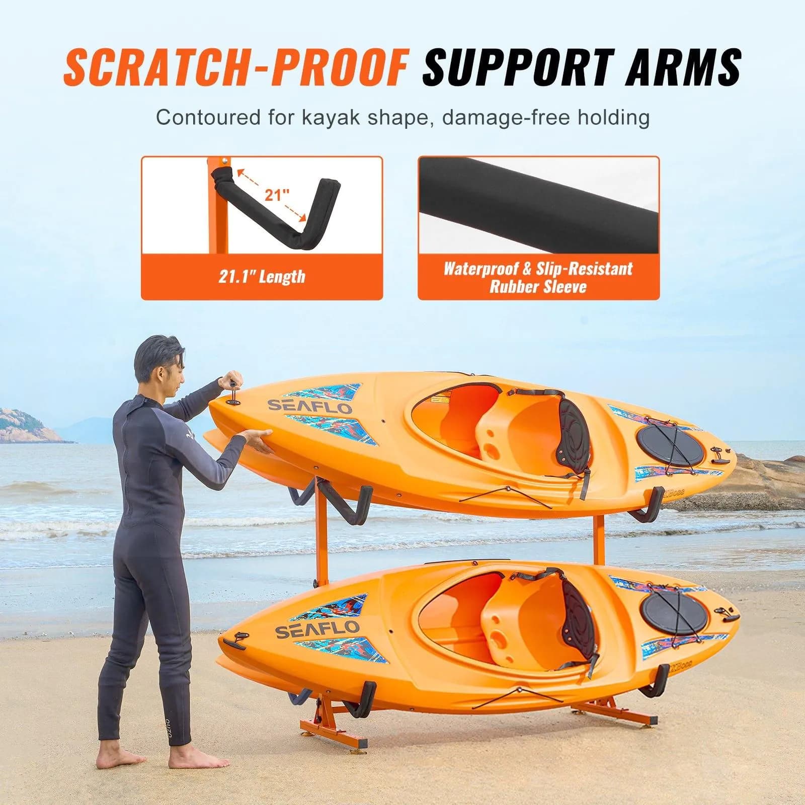 image-VEVOR Freestanding Kayak Storage Rack, Kayak Stand for 4 Kayak Canoe Paddleboard, Heavy-duty Steel Kayak Hanger Holder with Padded Arms and Adjustable Width, 220LBS Max Load, for Indoor Outdoor Garage