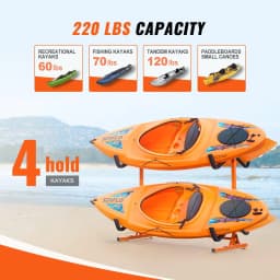 image-VEVOR Freestanding Kayak Storage Rack, Kayak Stand for 4 Kayak Canoe Paddleboard, Heavy-duty Steel Kayak Hanger Holder with Padded Arms and Adjustable Width, 220LBS Max Load, for Indoor Outdoor Garage