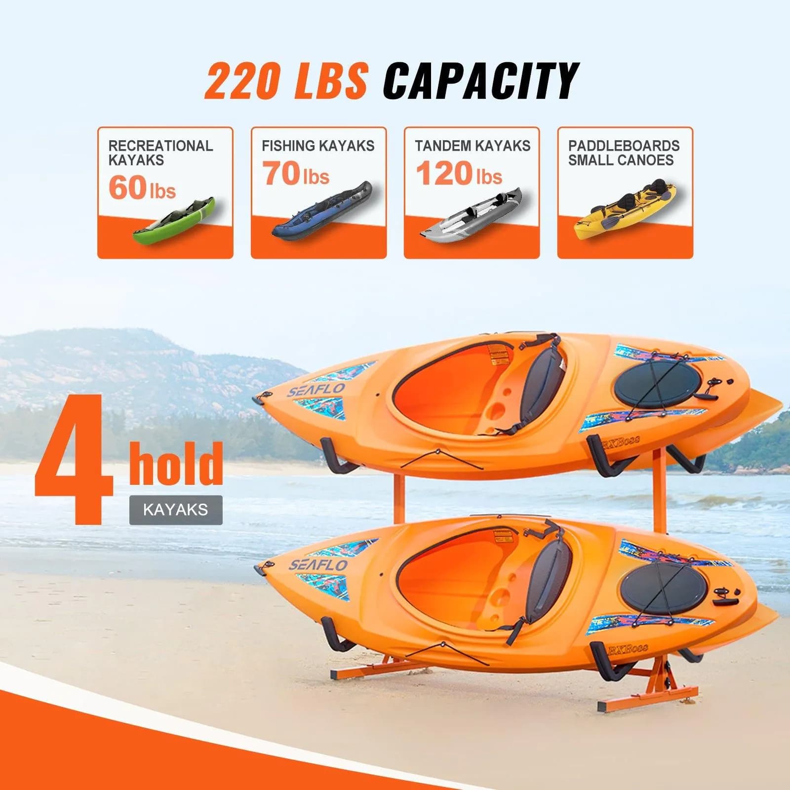 image-VEVOR Freestanding Kayak Storage Rack, Kayak Stand for 4 Kayak Canoe Paddleboard, Heavy-duty Steel Kayak Hanger Holder with Padded Arms and Adjustable Width, 220LBS Max Load, for Indoor Outdoor Garage