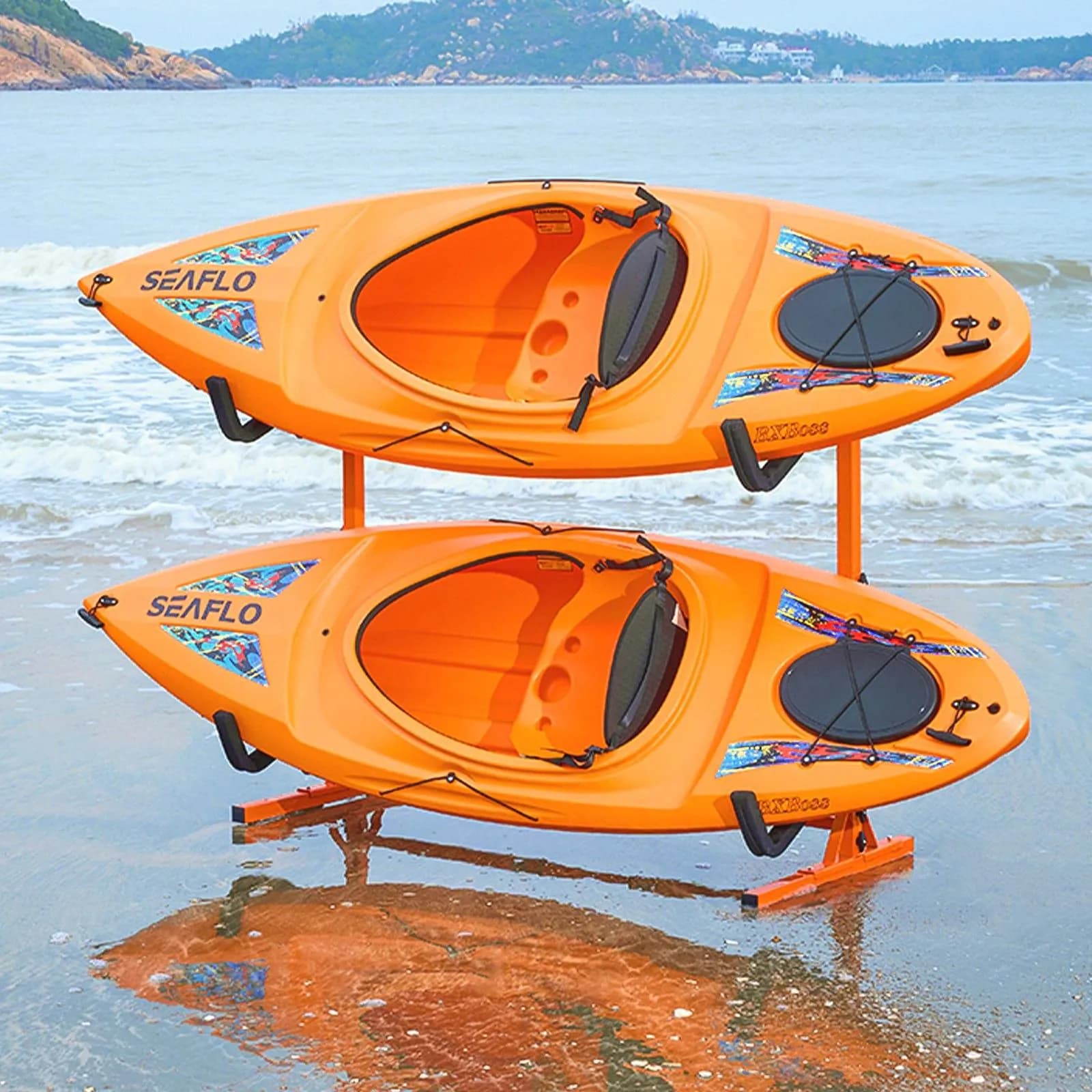image-VEVOR Freestanding Kayak Storage Rack, Kayak Stand for 4 Kayak Canoe Paddleboard, Heavy-duty Steel Kayak Hanger Holder with Padded Arms and Adjustable Width, 220LBS Max Load, for Indoor Outdoor Garage