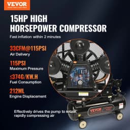 image-VEVOR 15HP Gas Powered Air Compressor, 30 Gallon Horizontal Air Compressor Tank, 33CFM@115PSI Gas Driven Piston Pump Air Compressed System with 115PSI Max Pressure for Construction Sites Workshop