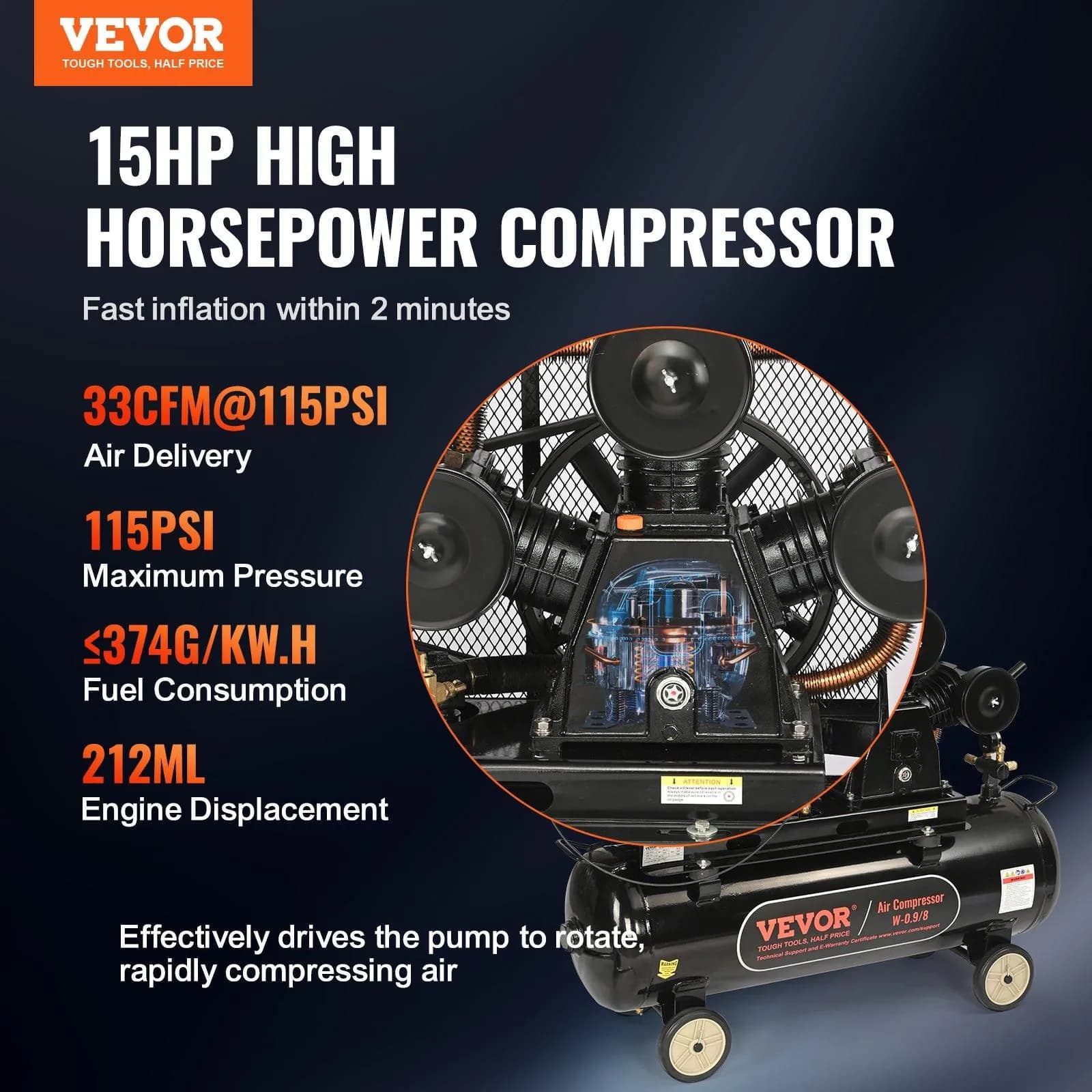 image-VEVOR 15HP Gas Powered Air Compressor, 30 Gallon Horizontal Air Compressor Tank, 33CFM@115PSI Gas Driven Piston Pump Air Compressed System with 115PSI Max Pressure for Construction Sites Workshop