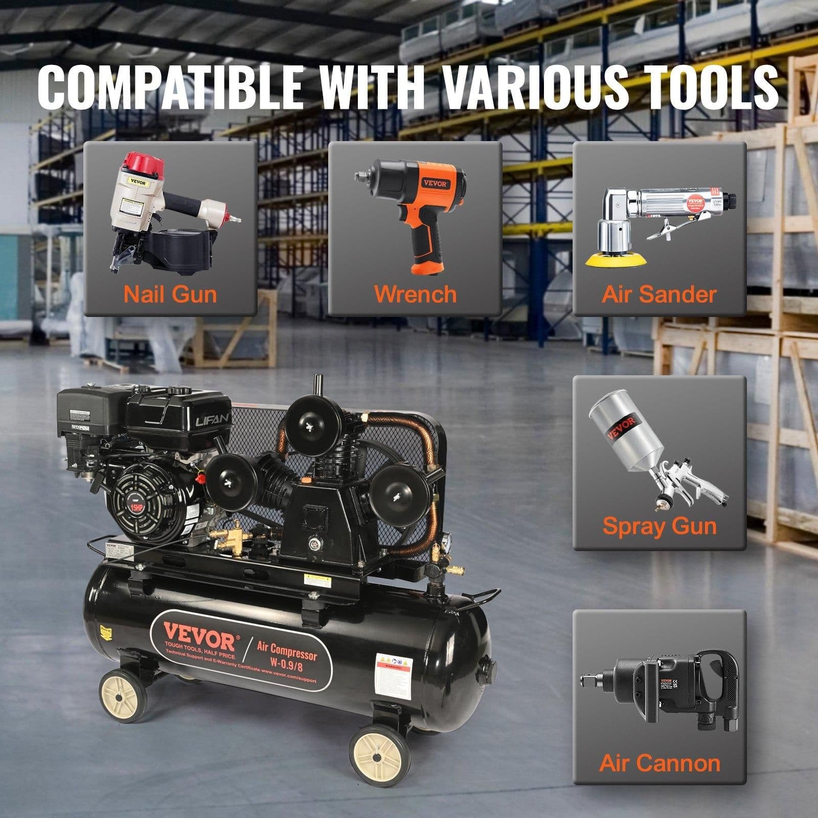 image-VEVOR 15HP Gas Powered Air Compressor, 30 Gallon Horizontal Air Compressor Tank, 33CFM@115PSI Gas Driven Piston Pump Air Compressed System with 115PSI Max Pressure for Construction Sites Workshop