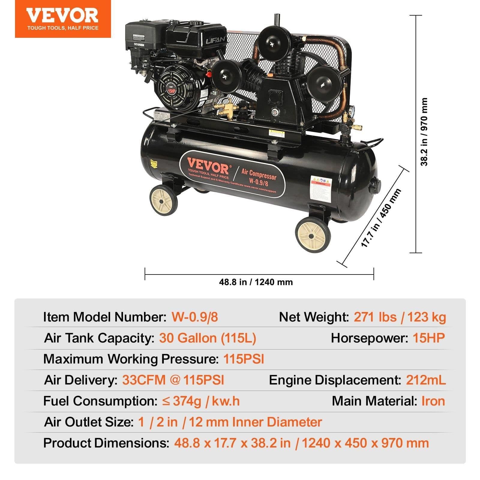 image-VEVOR 15HP Gas Powered Air Compressor, 30 Gallon Horizontal Air Compressor Tank, 33CFM@115PSI Gas Driven Piston Pump Air Compressed System with 115PSI Max Pressure for Construction Sites Workshop
