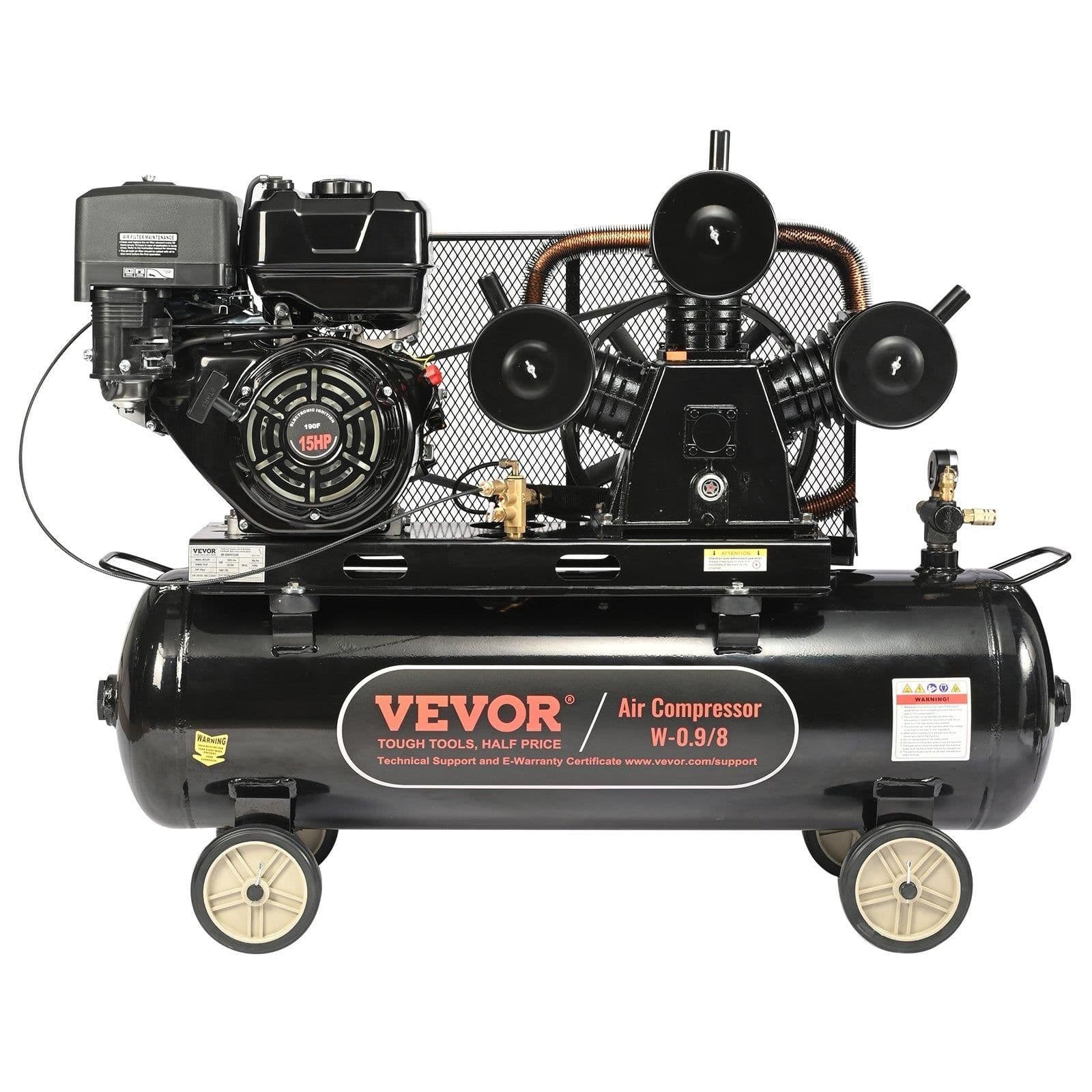 image-VEVOR 15HP Gas Powered Air Compressor, 30 Gallon Horizontal Air Compressor Tank, 33CFM@115PSI Gas Driven Piston Pump Air Compressed System with 115PSI Max Pressure for Construction Sites Workshop