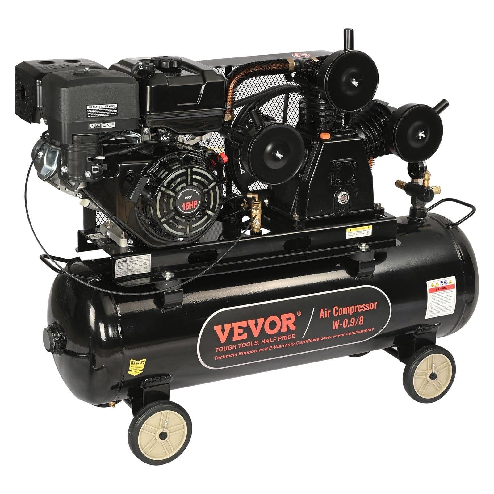 image-VEVOR 15HP Gas Powered Air Compressor, 30 Gallon Horizontal Air Compressor Tank, 33CFM@115PSI Gas Driven Piston Pump Air Compressed System with 115PSI Max Pressure for Construction Sites Workshop