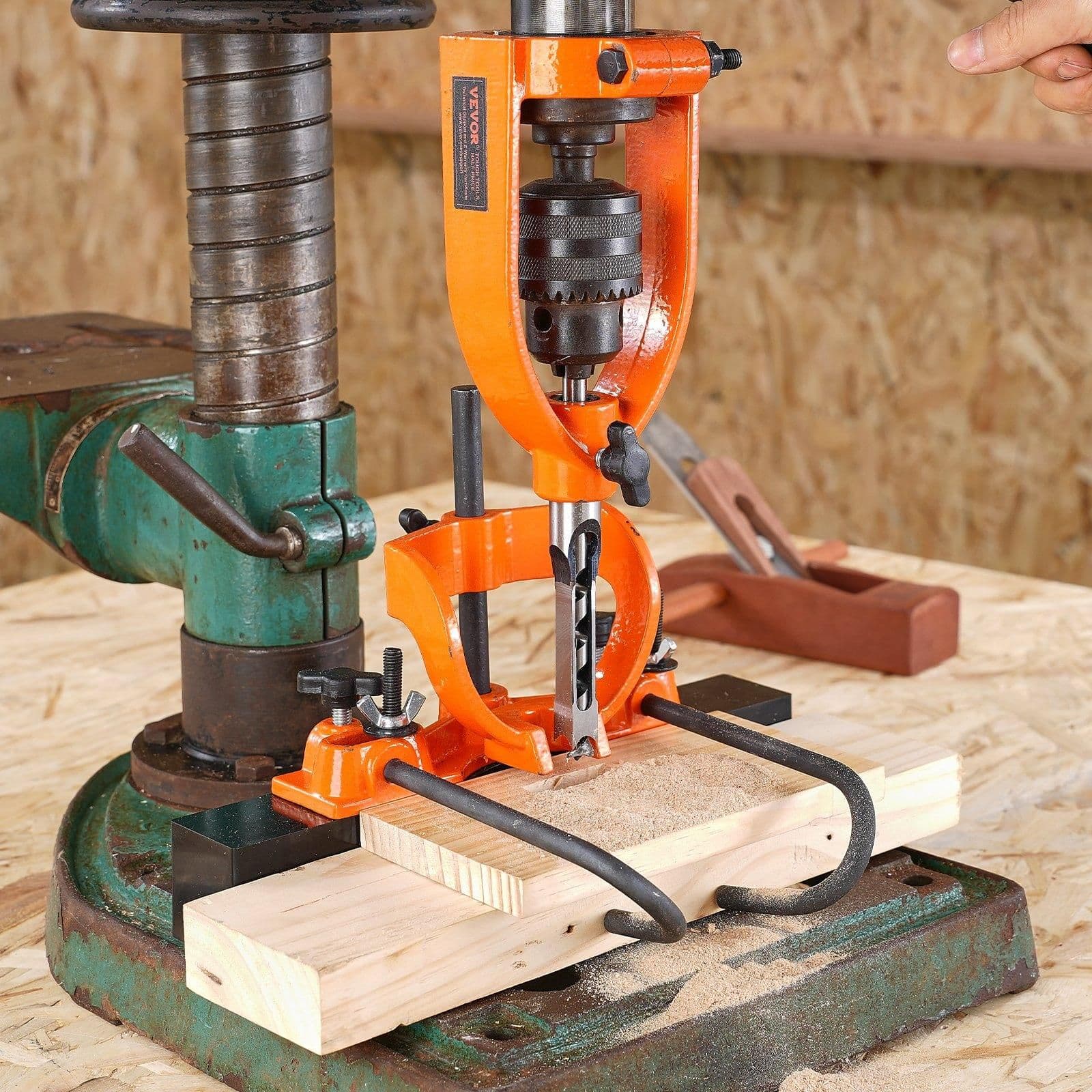 image-VEVOR Mortising Attachment for Drill Press, 4 Model Drills Square Hole Chisel Set, Bench Drill Locator Set Mortise and Tenon Tools with 5 Bushings, for Woodworking Mortising Tenoning Drilling Machine