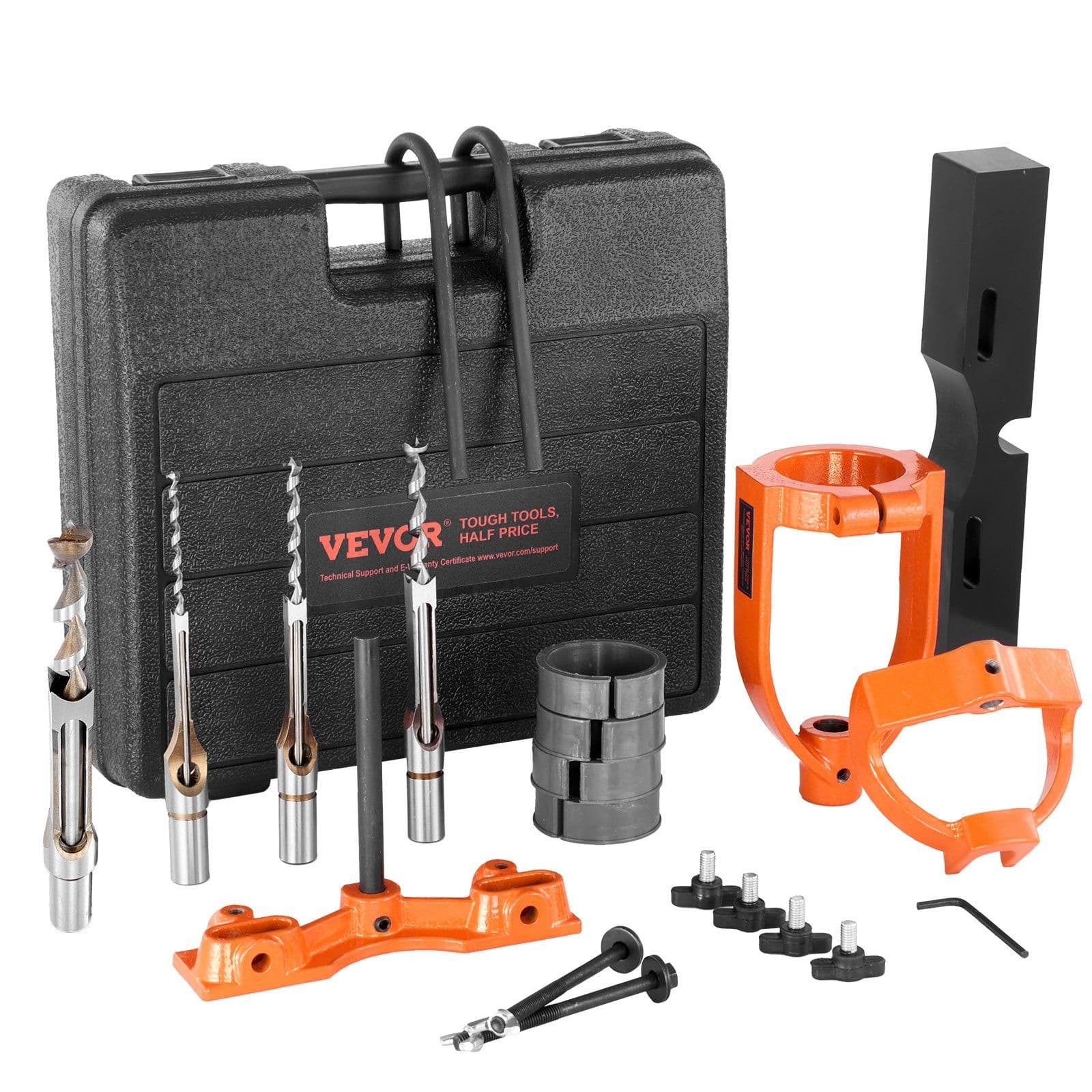 image-VEVOR Mortising Attachment for Drill Press, 4 Model Drills Square Hole Chisel Set, Bench Drill Locator Set Mortise and Tenon Tools with 5 Bushings, for Woodworking Mortising Tenoning Drilling Machine