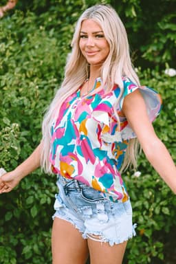 image-Abstract Print Notched Neck Flutter Sleeve Blouse - Multicolour
