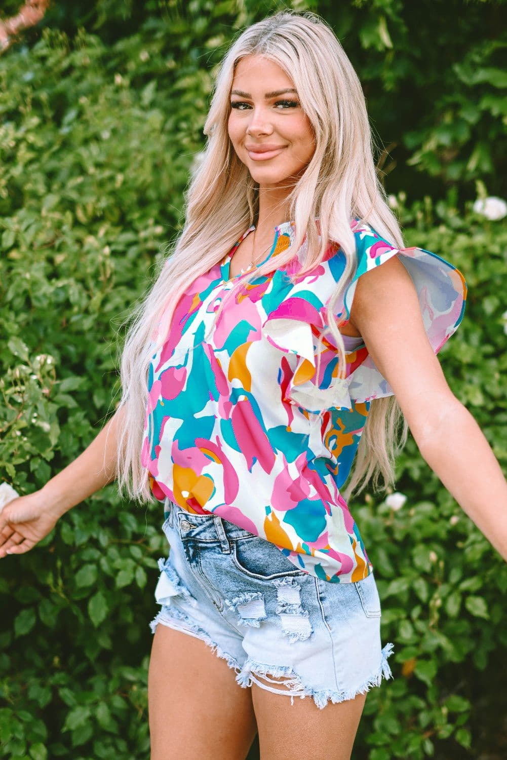 image-Abstract Print Notched Neck Flutter Sleeve Blouse - Multicolour