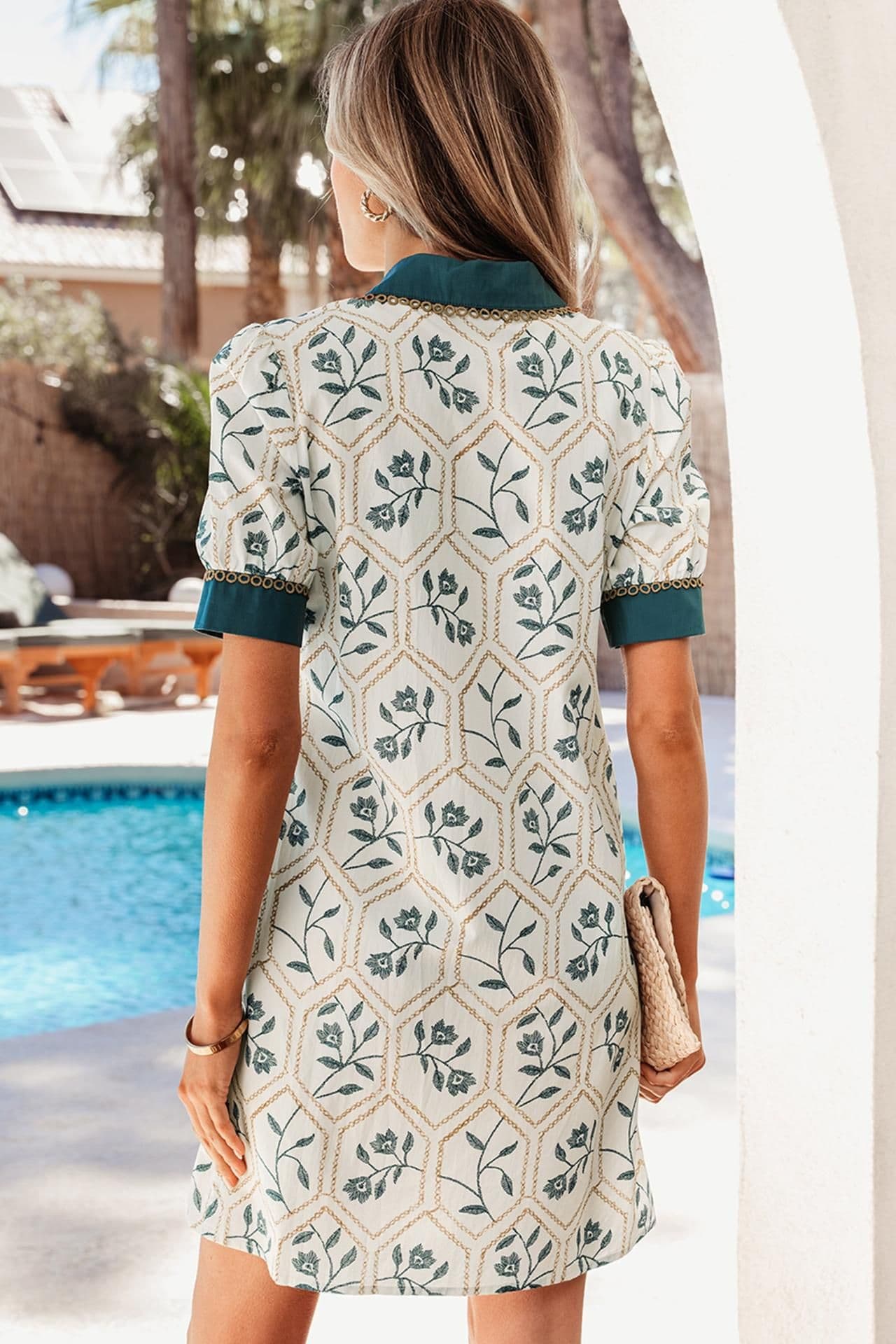 image-Allie Geometric Floral Short Sleeve Mini Dress - Cotton Blend