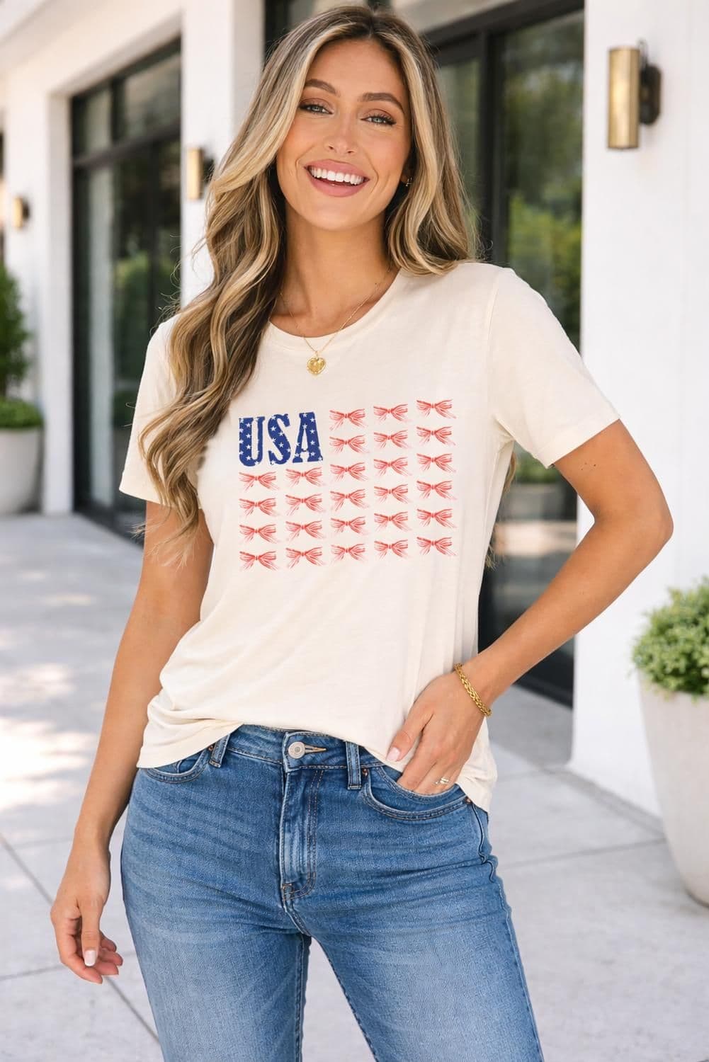 image-Sylvie USA Bow Flag T-Shirt - Relaxed Fit Cotton Blend Tee