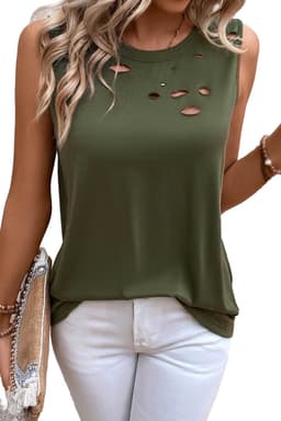 image-Distressed Tank Top - Jungle Green Crew Neck