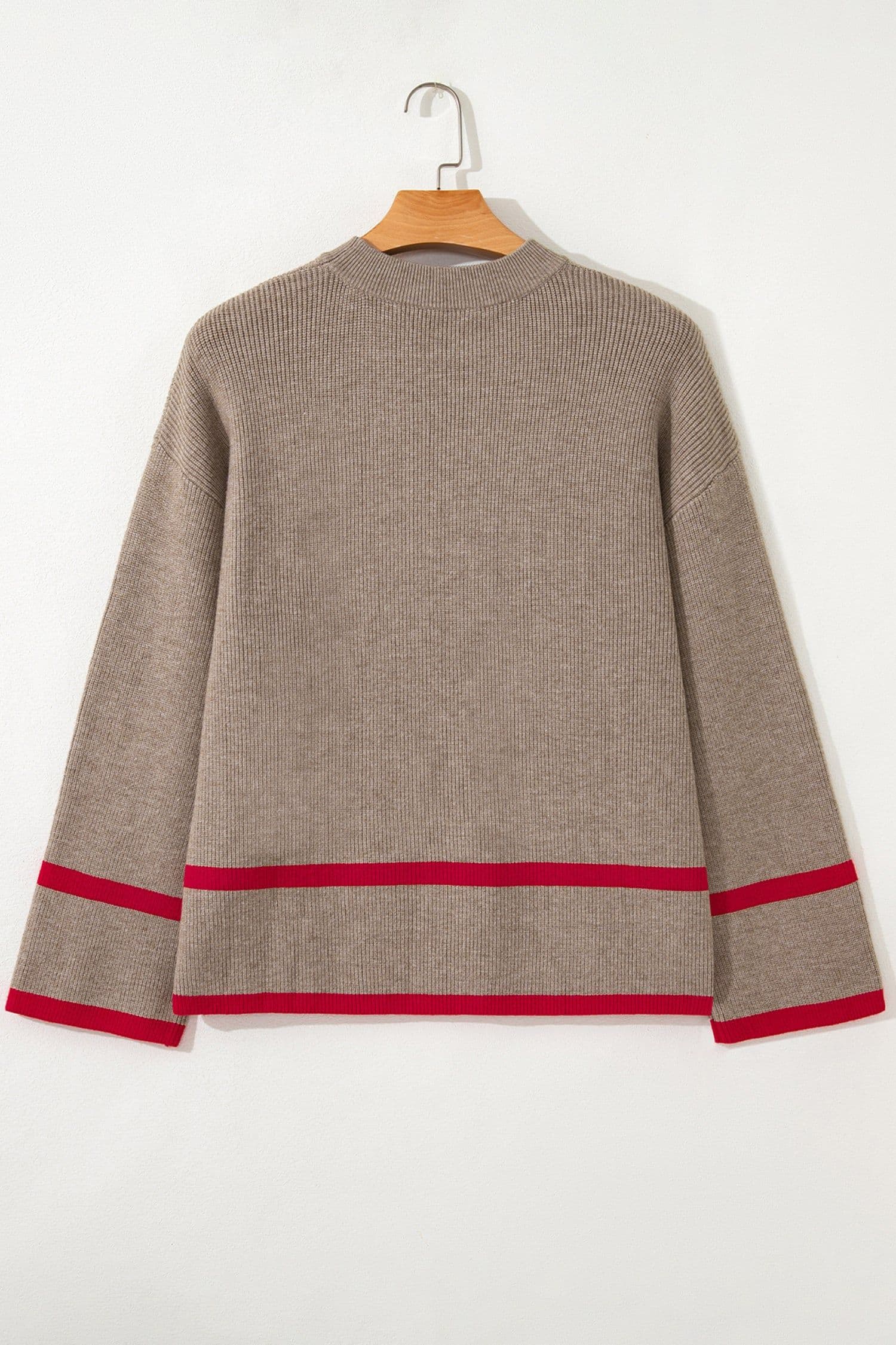 image-Simply Taupe Ribbed Knit Contrasted Stripe Detail Button Side Loose Sweater