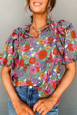 image-Red Floral Ruffle Puff Sleeve Blouse