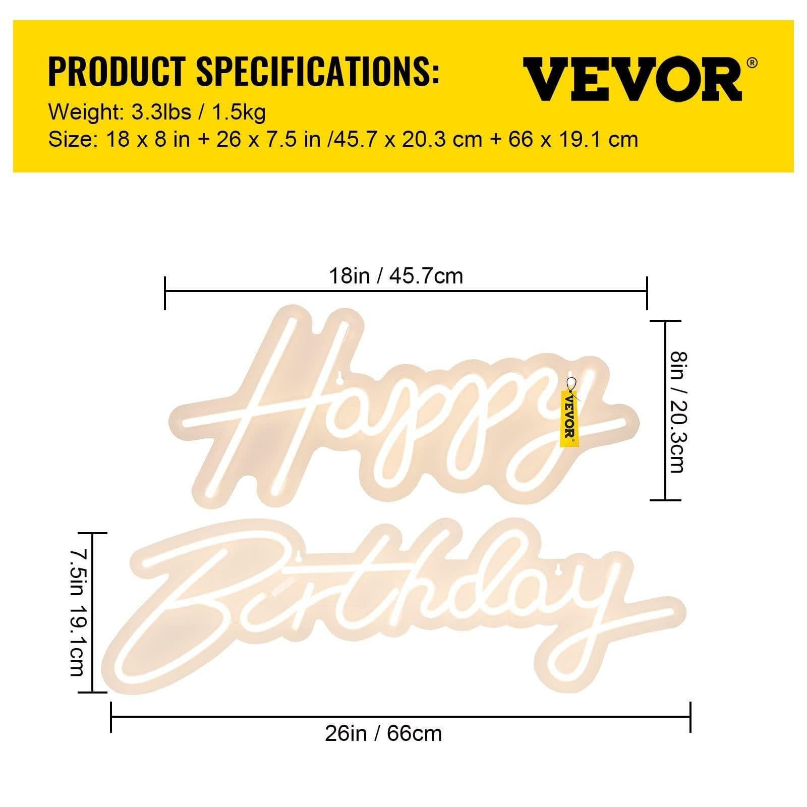 image-VEVOR Happy Birthday Neon Sign, 18" x 8" & 26" x 7.5" LED Neon Lights Signs, Adjustable Brightness with Dimmer Switch and Power Adapter, Reusable for Party, Club, Celebration and Decoration Warm W
