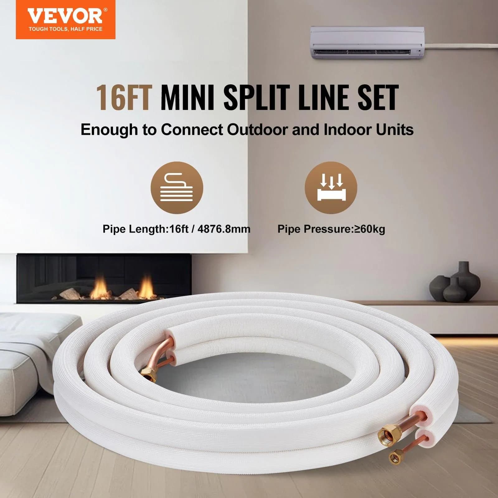 image-VEVOR 16FT Mini Split Line Set, 1/4" & 1/2" O.D Copper Pipes Tubing and Triple-Layer Insulation, for Air Conditioning or Heating Pump Equipment & HVAC with Rich Accessories (18ft Connection Cable)
