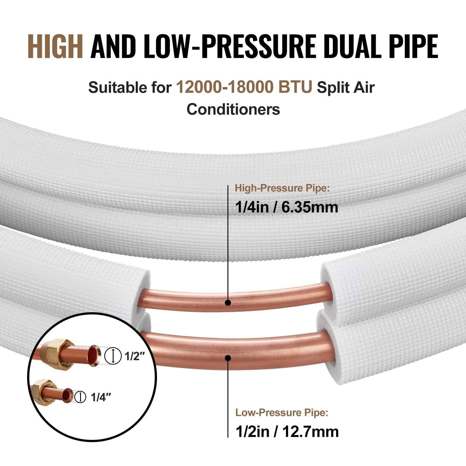 image-VEVOR 16FT Mini Split Line Set, 1/4" & 1/2" O.D Copper Pipes Tubing and Triple-Layer Insulation, for Air Conditioning or Heating Pump Equipment & HVAC with Rich Accessories (18ft Connection Cable)
