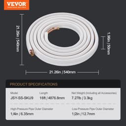 image-VEVOR 16FT Mini Split Line Set, 1/4" & 1/2" O.D Copper Pipes Tubing and Triple-Layer Insulation, for Air Conditioning or Heating Pump Equipment & HVAC with Rich Accessories (18ft Connection Cable)
