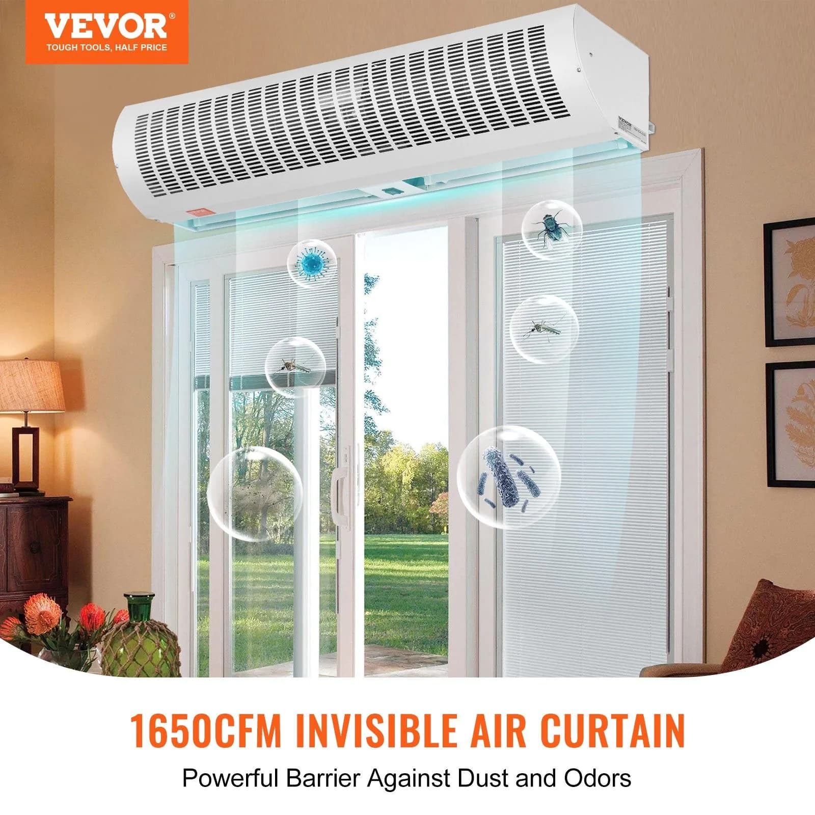 image-VEVOR 48" Commercial Indoor Air Curtain Super Power 2 Speeds 1650CFM, Wall Mounted Air Curtains for Doors, Indoor Over Door Fan with Heavy Duty Limit Switch, Easy-Install 110V Unheated