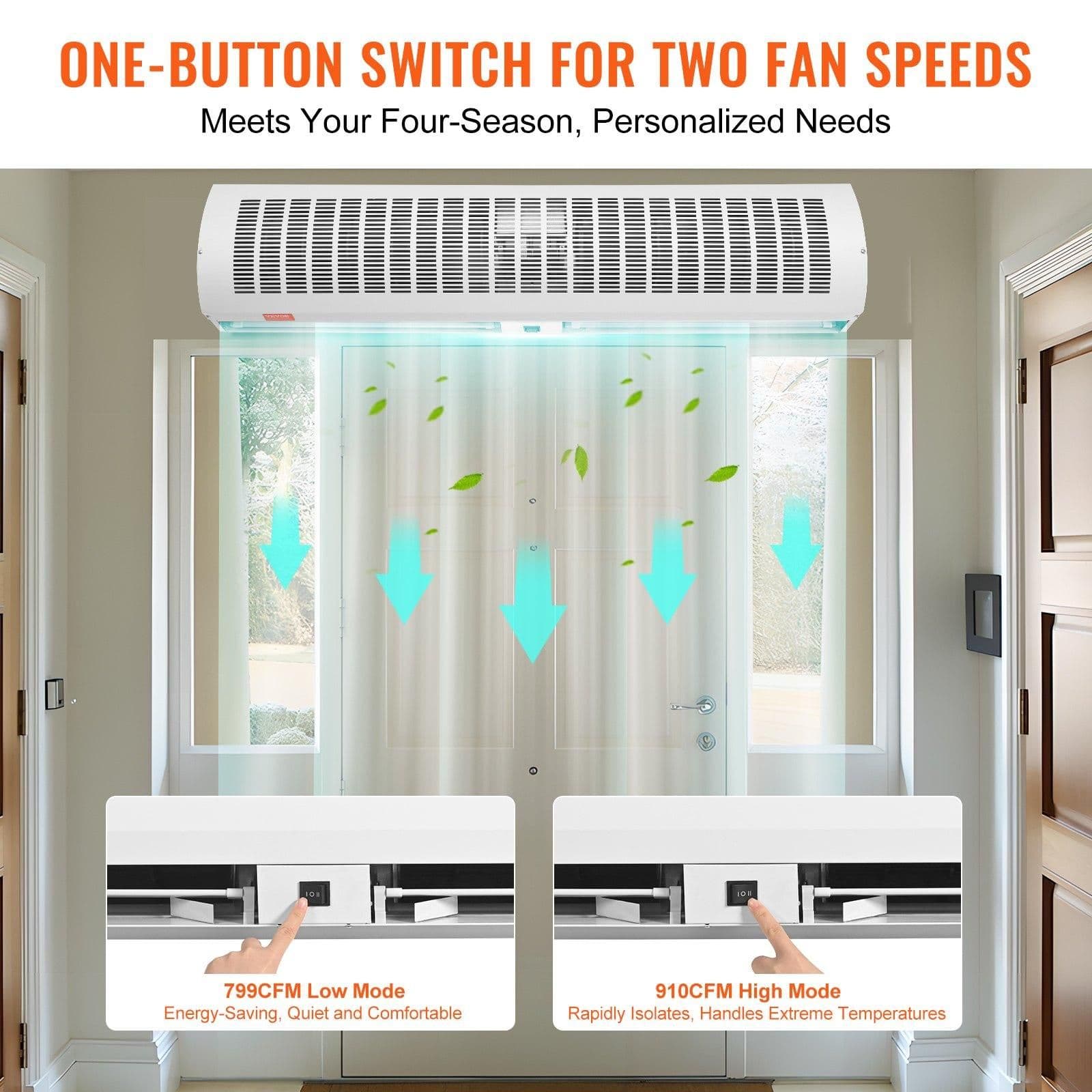 image-VEVOR 48" Commercial Indoor Air Curtain Super Power 2 Speeds 1650CFM, Wall Mounted Air Curtains for Doors, Indoor Over Door Fan with Heavy Duty Limit Switch, Easy-Install 110V Unheated