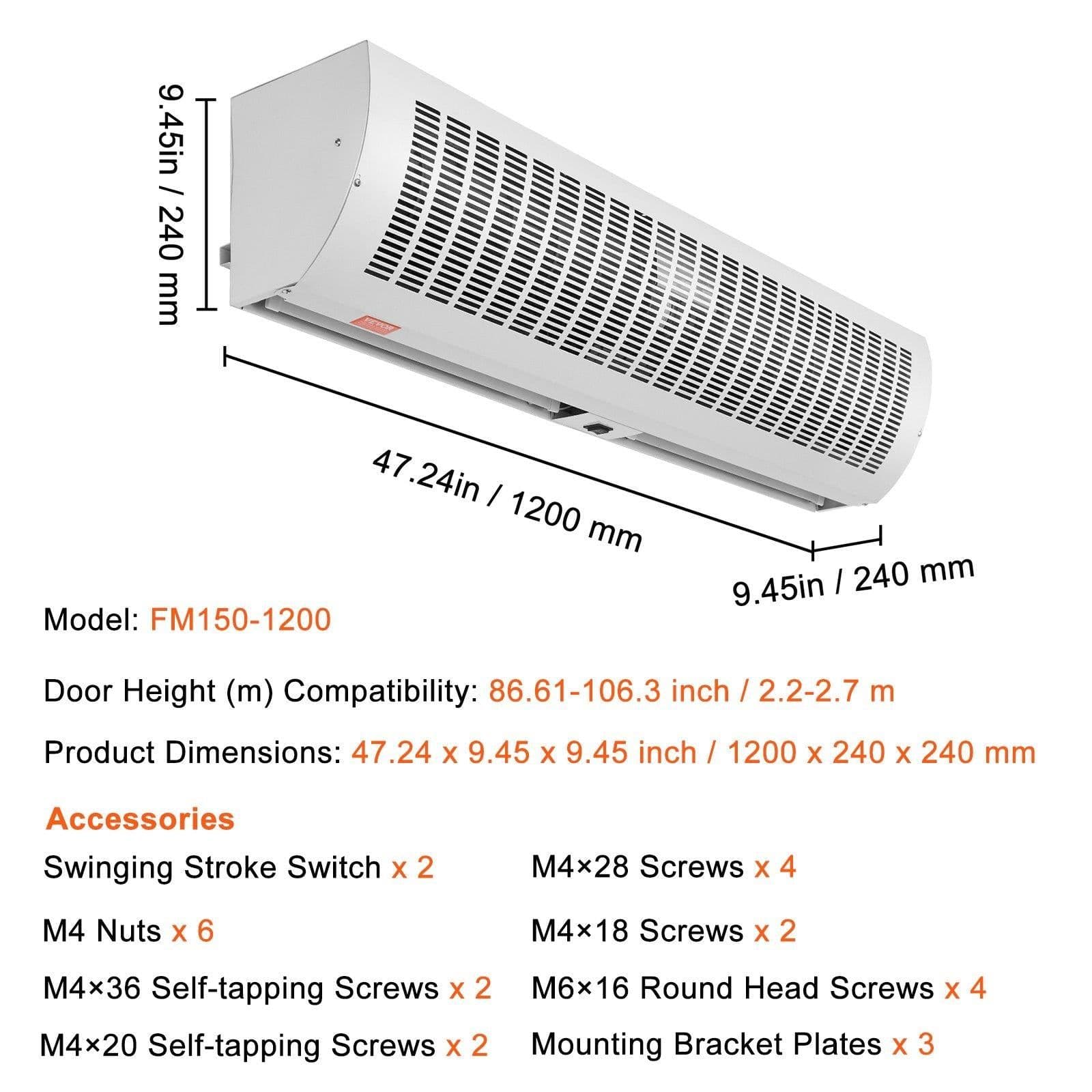 image-VEVOR 48" Commercial Indoor Air Curtain Super Power 2 Speeds 1650CFM, Wall Mounted Air Curtains for Doors, Indoor Over Door Fan with Heavy Duty Limit Switch, Easy-Install 110V Unheated