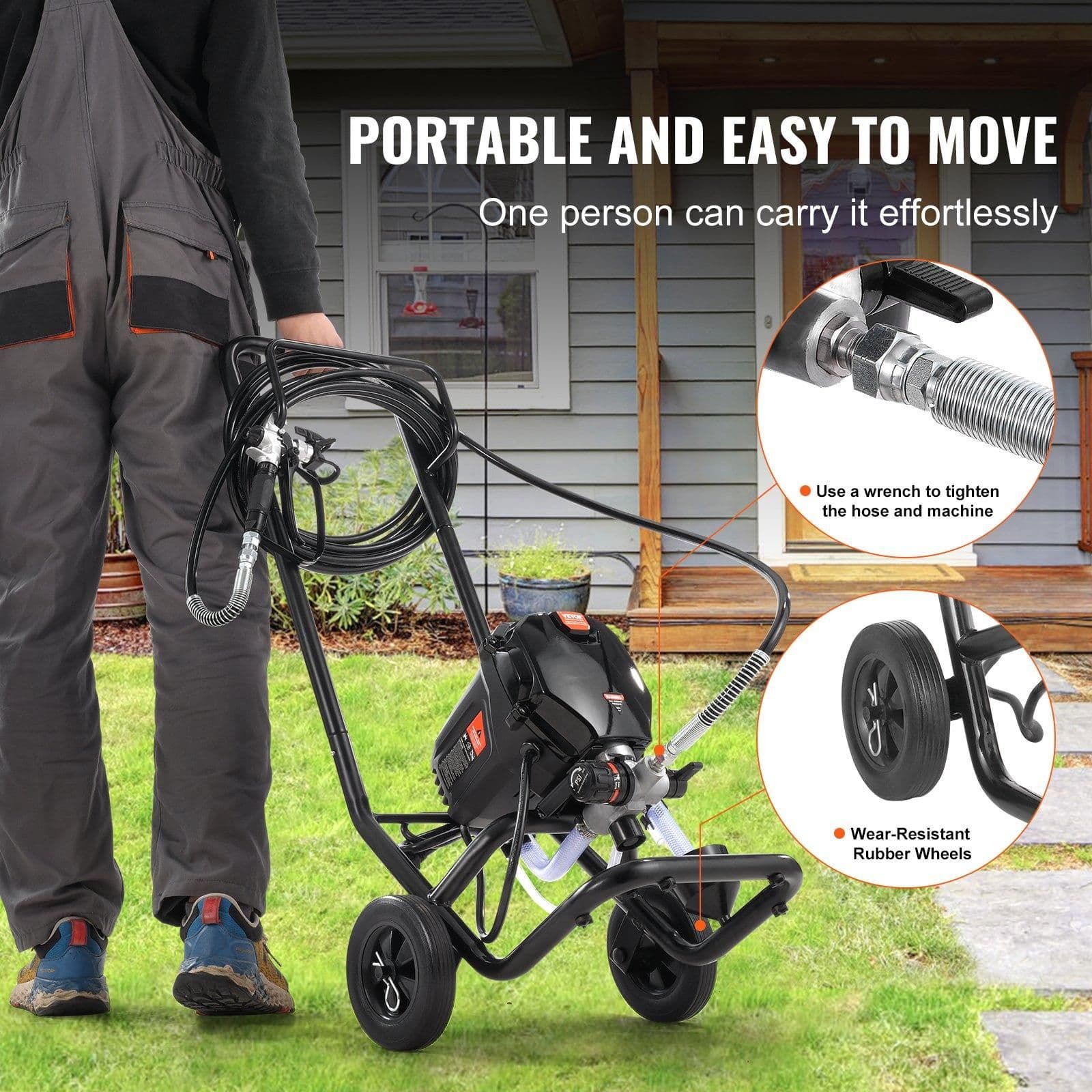image-VEVOR 750W Stand Airless Paint Sprayer, 3000PSI High Efficiency Electric Airless Sprayer With Cart, Paint Sprayers for Home Interior and Exterior Furniture and Fences, Fine And Even Painting Effect