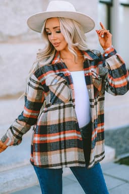 image-Khaki Geometric Plaid Print Pocketed Shacket