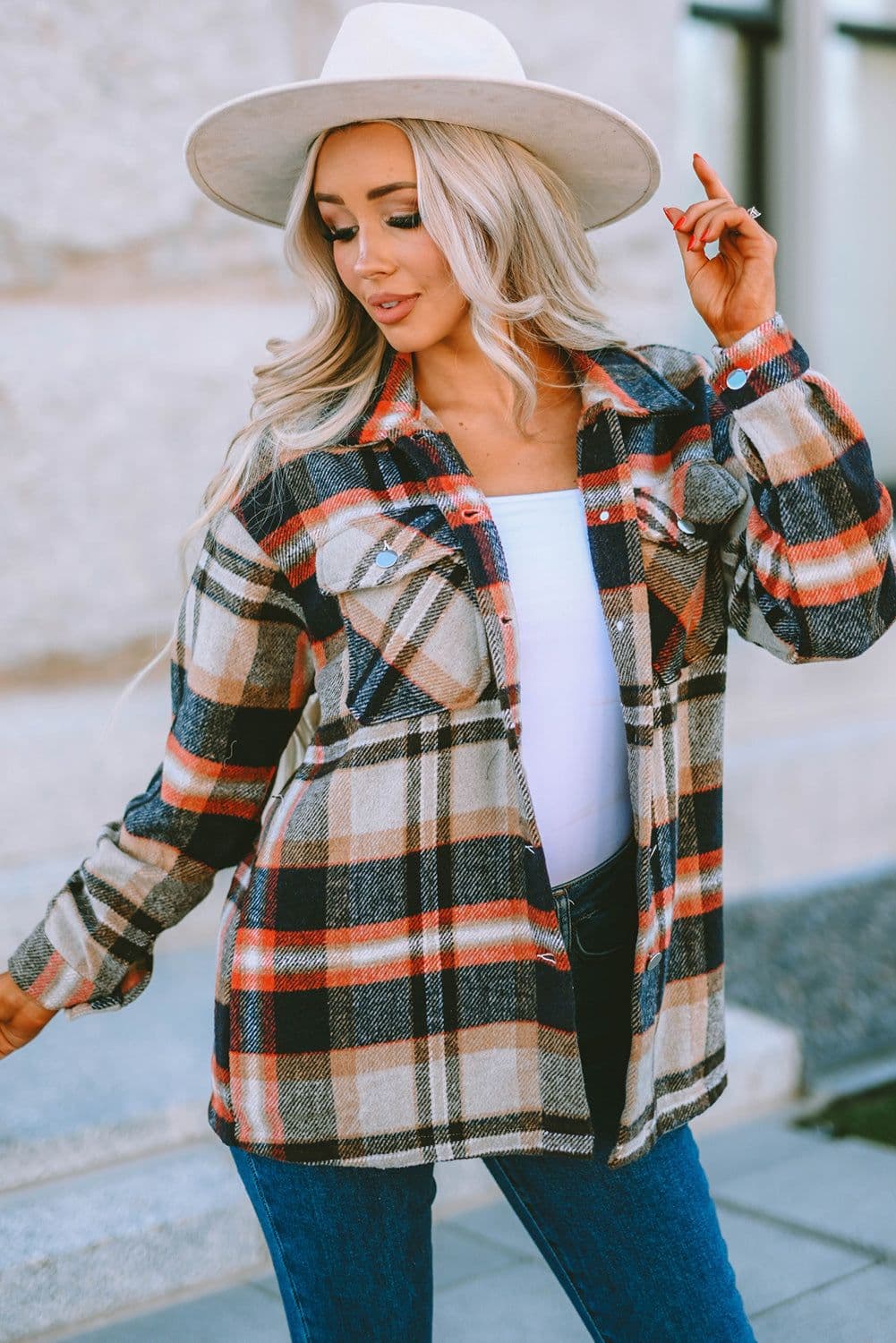 image-Khaki Geometric Plaid Print Pocketed Shacket
