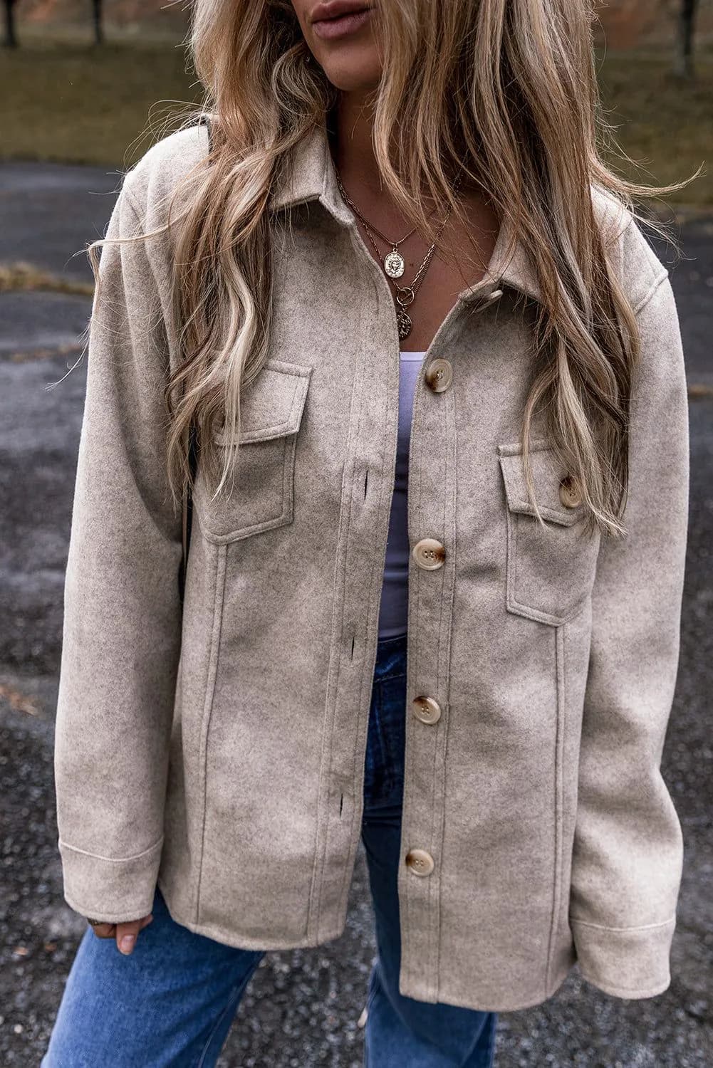 image-Light Grey Shacket - Turn Down Collar Flap Pockets