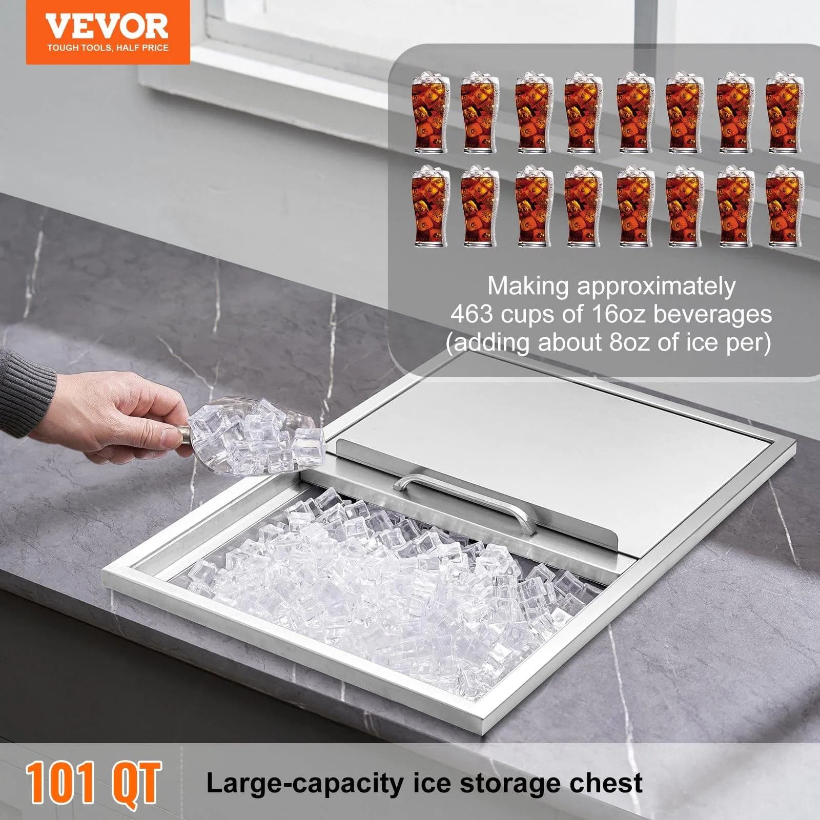 image-VEVOR Drop in Ice Chest, 27"L x 18"W x 21"H Stainless Steel Ice Cooler, Commercial Ice Bin with Sliding Cover, 40.9 qt Outdoor Kitchen Ice Bar, Drain-pipe and Drain Plug Included, for Cold Wine Beer