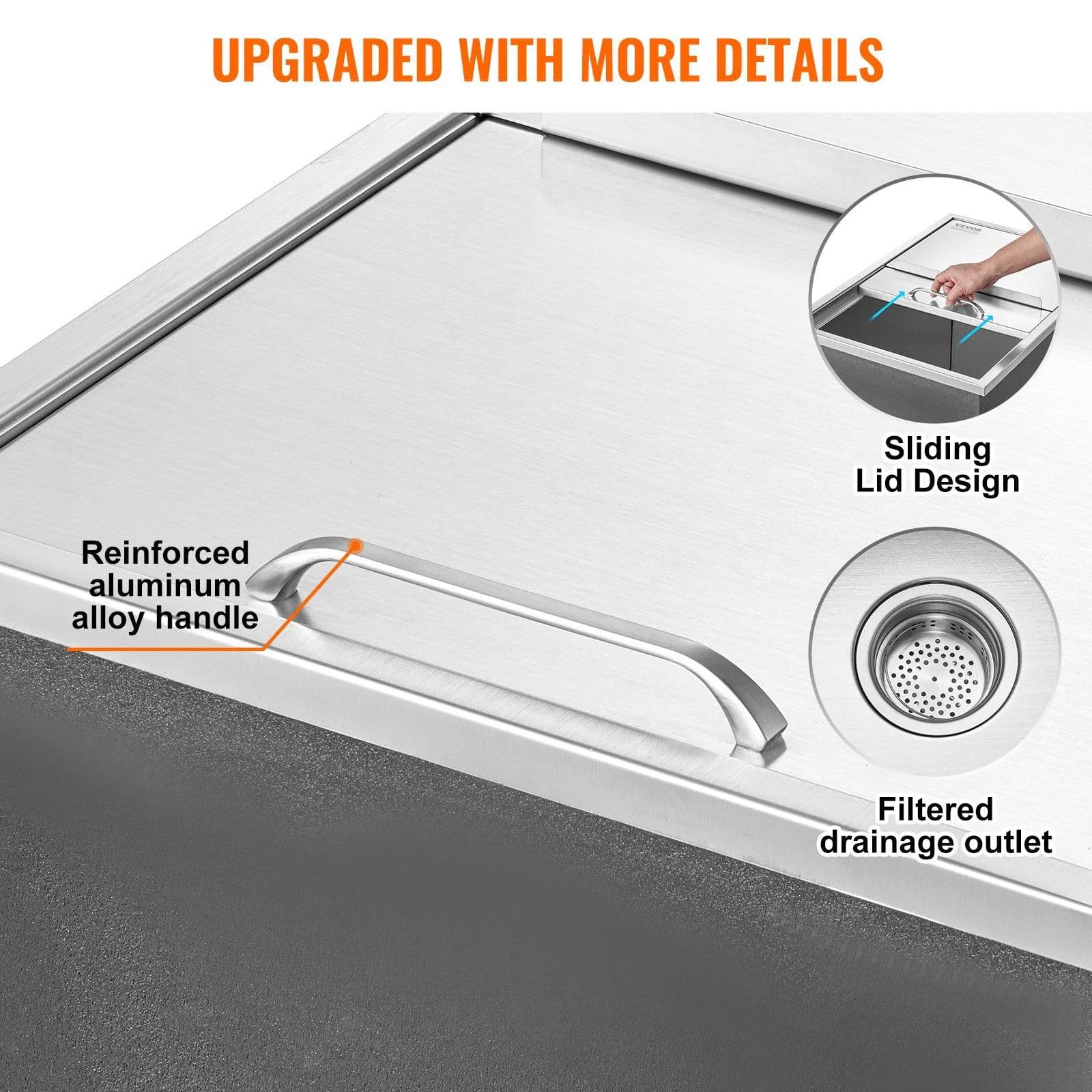 image-VEVOR Drop in Ice Chest, 27"L x 18"W x 21"H Stainless Steel Ice Cooler, Commercial Ice Bin with Sliding Cover, 40.9 qt Outdoor Kitchen Ice Bar, Drain-pipe and Drain Plug Included, for Cold Wine Beer