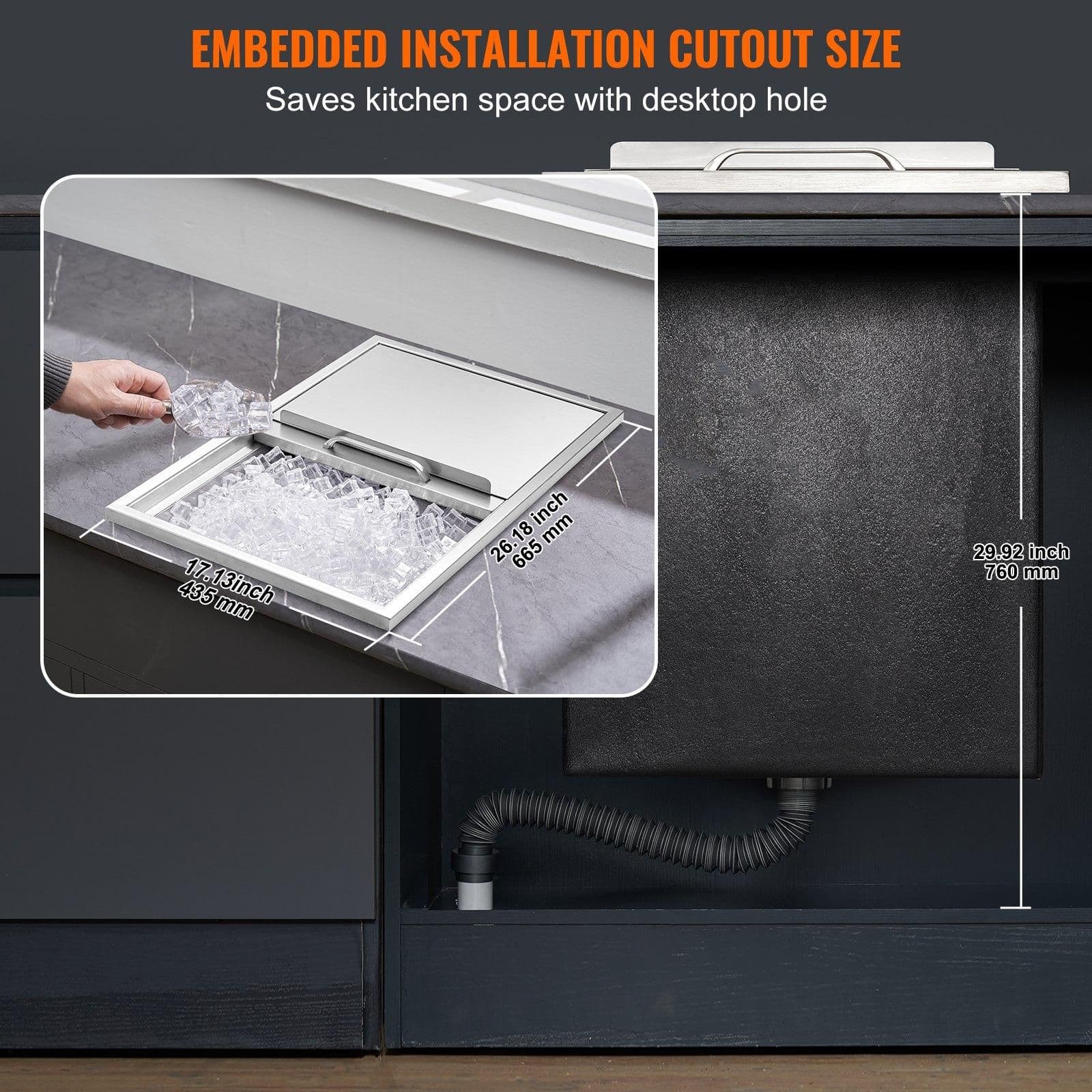 image-VEVOR Drop in Ice Chest, 27"L x 18"W x 21"H Stainless Steel Ice Cooler, Commercial Ice Bin with Sliding Cover, 40.9 qt Outdoor Kitchen Ice Bar, Drain-pipe and Drain Plug Included, for Cold Wine Beer