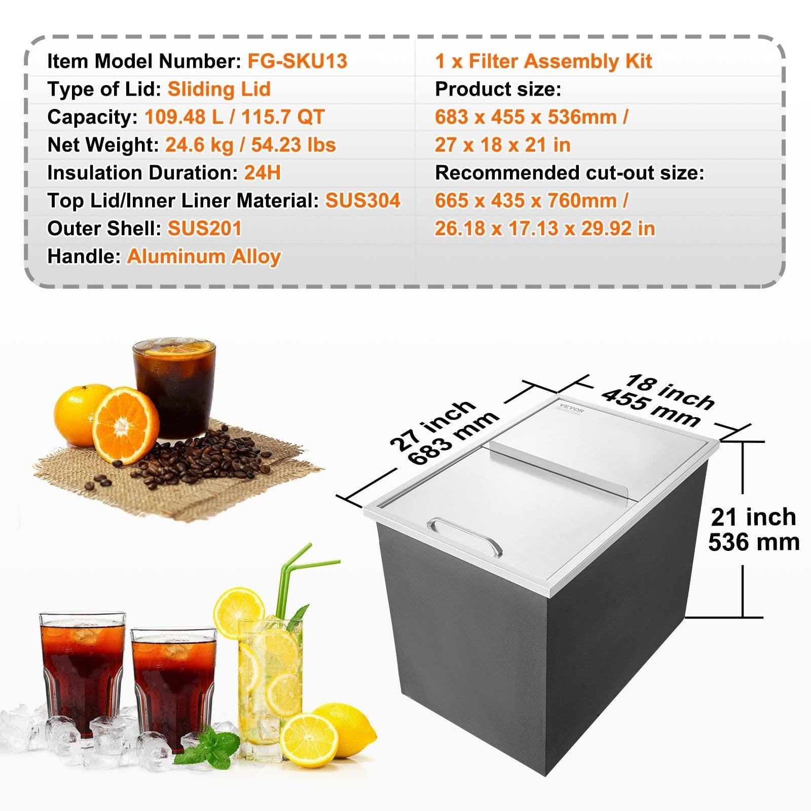 image-VEVOR Drop in Ice Chest, 27"L x 18"W x 21"H Stainless Steel Ice Cooler, Commercial Ice Bin with Sliding Cover, 40.9 qt Outdoor Kitchen Ice Bar, Drain-pipe and Drain Plug Included, for Cold Wine Beer