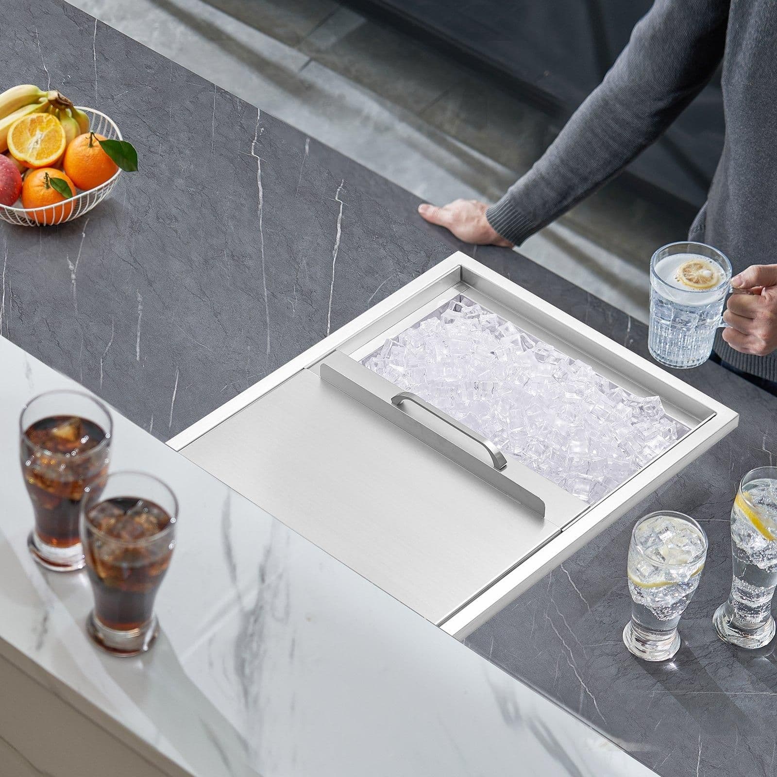 image-VEVOR Drop in Ice Chest, 27"L x 18"W x 21"H Stainless Steel Ice Cooler, Commercial Ice Bin with Sliding Cover, 40.9 qt Outdoor Kitchen Ice Bar, Drain-pipe and Drain Plug Included, for Cold Wine Beer