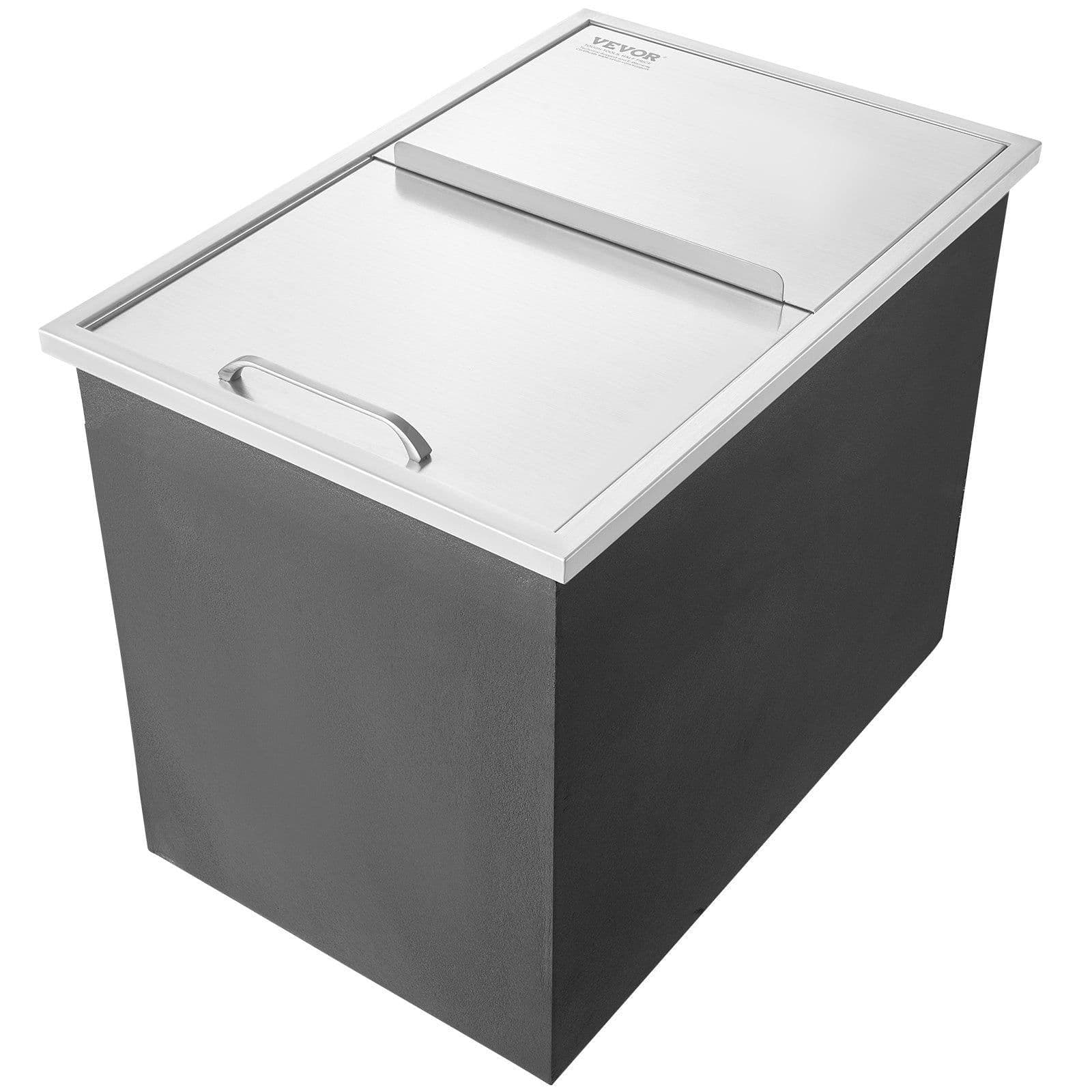 image-VEVOR Drop in Ice Chest, 27"L x 18"W x 21"H Stainless Steel Ice Cooler, Commercial Ice Bin with Sliding Cover, 40.9 qt Outdoor Kitchen Ice Bar, Drain-pipe and Drain Plug Included, for Cold Wine Beer